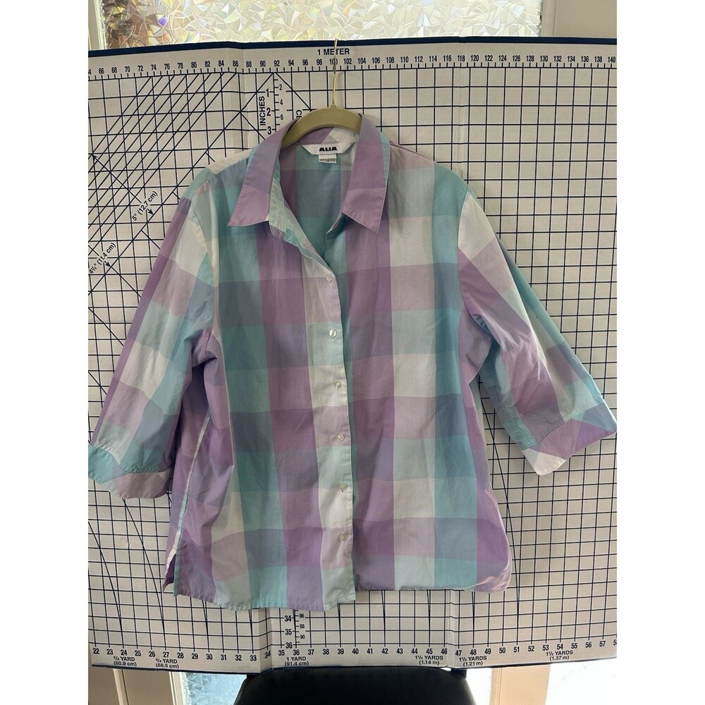 ALIA Woman’s Orchid And Aqua Pastel Plaid Button Front Shirt Blouse Size 16